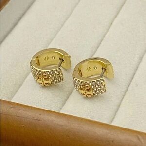Tory Burch Gold Pave Logo Huggie Earrings